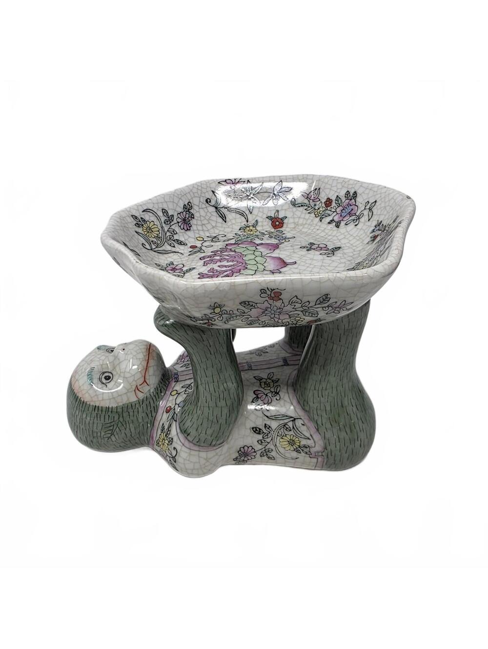 Vintage Chinoiserie Monkey Bowl Green Floral Ceramic Trinket Dish